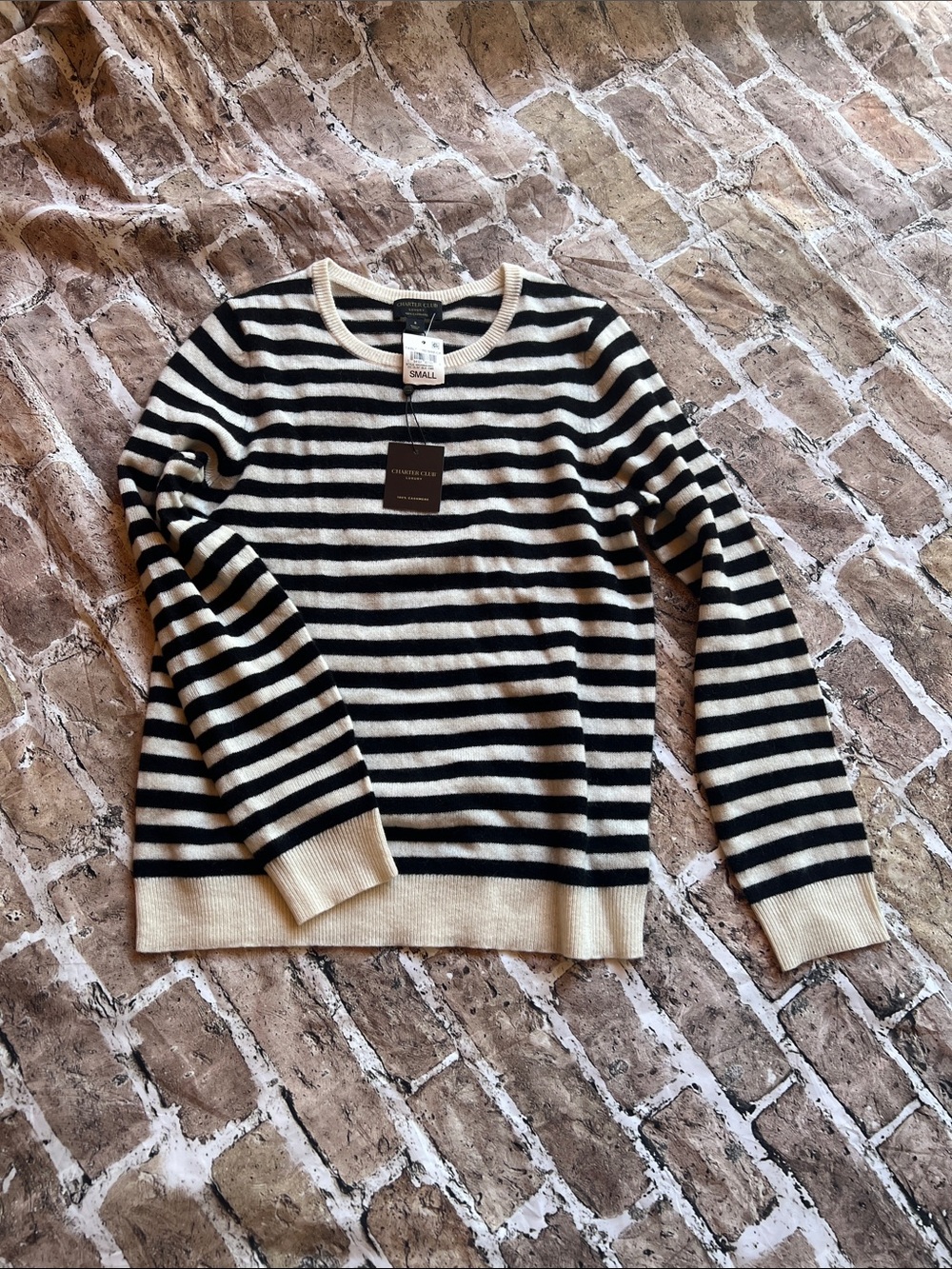 NWT cashmere Charter Club Black and Cream Striped Crewneck Sweater